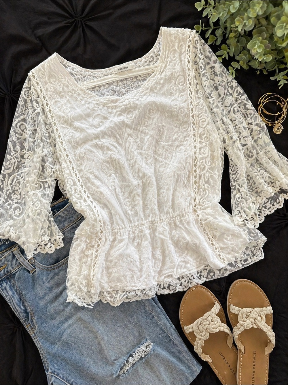 Maurices White Lace Boho Blouse Size Small | Sheer Sleeve Peplum Top